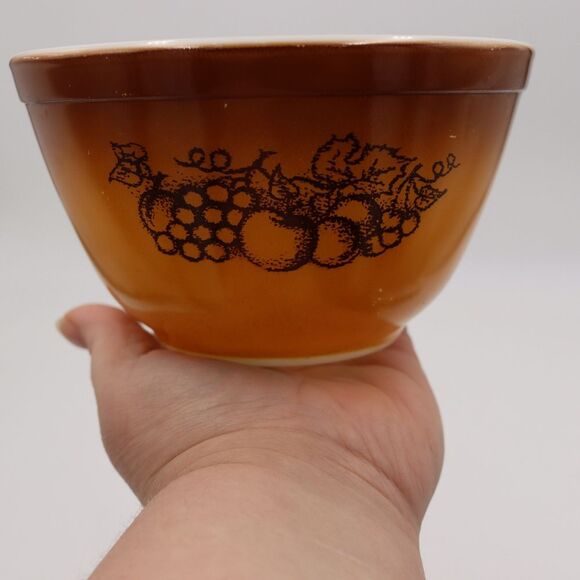 Pyrex Corning 1.5 Pint Small Bowl Brown Ombre Old Orchard Fruit Pattern Bowl - Picture 7 of 8